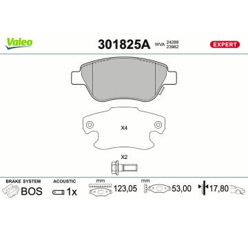 Sada brzdových destiček, kotoučová brzda VALEO 301825A
