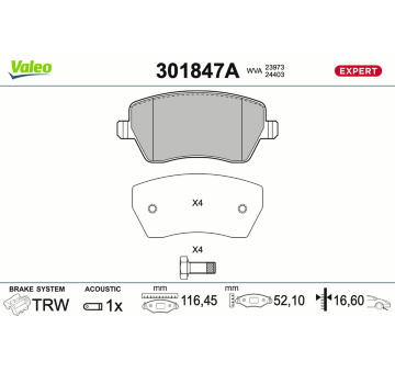 Sada brzdových destiček, kotoučová brzda VALEO 301847A