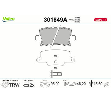 Sada brzdových destiček, kotoučová brzda VALEO 301849A