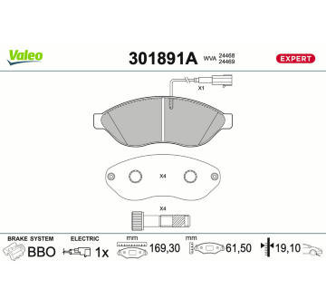 Sada brzdových destiček, kotoučová brzda VALEO 301891A