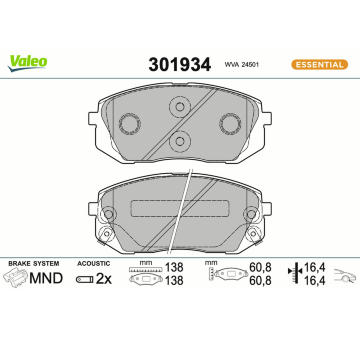Sada brzdových destiček, kotoučová brzda VALEO 301934