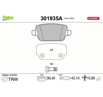 Sada brzdových destiček, kotoučová brzda VALEO 301935A