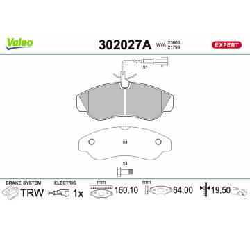 Sada brzdových destiček, kotoučová brzda VALEO 302027A