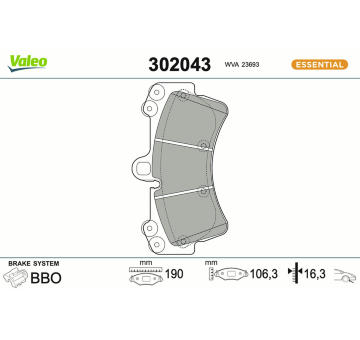 Sada brzdových destiček, kotoučová brzda VALEO 302043