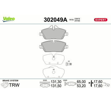 Sada brzdových destiček, kotoučová brzda VALEO 302049A