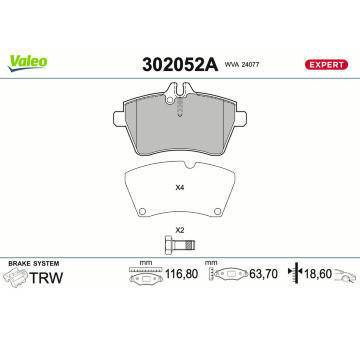 Sada brzdových destiček, kotoučová brzda VALEO 302052A
