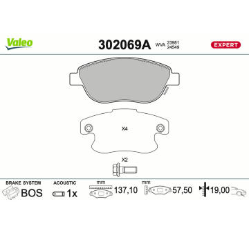 Sada brzdových destiček, kotoučová brzda VALEO 302069A