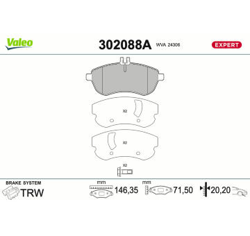 Sada brzdových destiček, kotoučová brzda VALEO 302088A