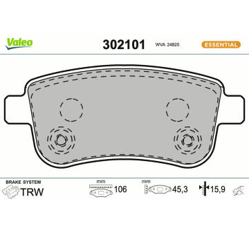 Sada brzdových destiček, kotoučová brzda VALEO 302101