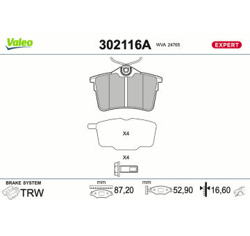 Sada brzdových destiček, kotoučová brzda VALEO 302116A