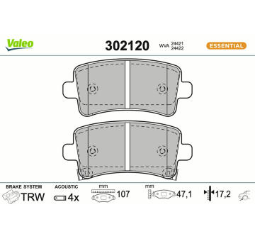 Sada brzdových destiček, kotoučová brzda VALEO 302120