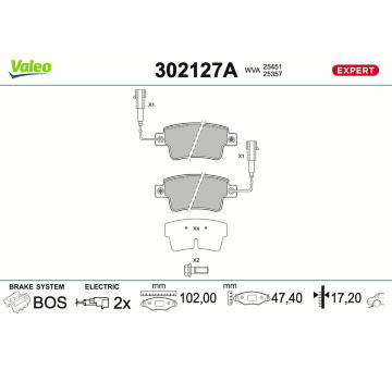 Sada brzdových destiček, kotoučová brzda VALEO 302127A