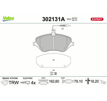 Sada brzdových destiček, kotoučová brzda VALEO 302131A