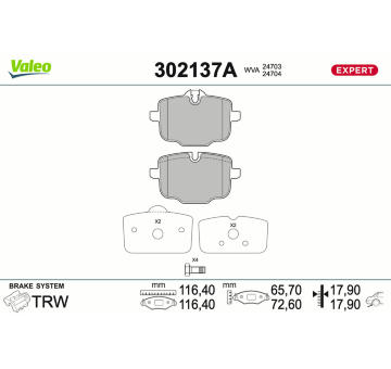 Sada brzdových destiček, kotoučová brzda VALEO 302137A