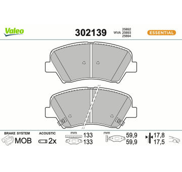 Sada brzdových destiček, kotoučová brzda VALEO 302139
