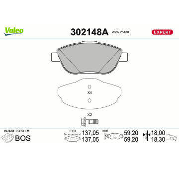 Sada brzdových destiček, kotoučová brzda VALEO 302148A