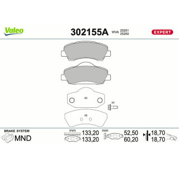 Sada brzdových destiček, kotoučová brzda VALEO 302155A