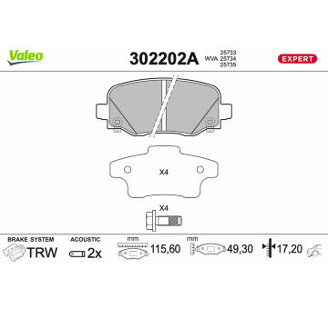 Sada brzdových destiček, kotoučová brzda VALEO 302202A