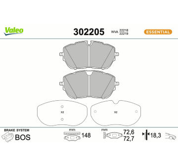 Sada brzdových destiček, kotoučová brzda VALEO 302205