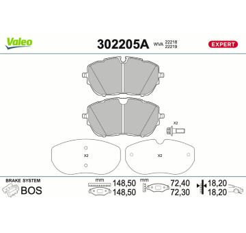 Sada brzdových destiček, kotoučová brzda VALEO 302205A