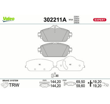 Sada brzdových destiček, kotoučová brzda VALEO 302211A