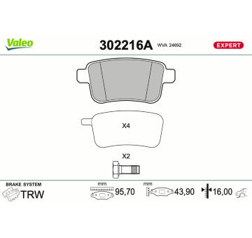 Sada brzdových destiček, kotoučová brzda VALEO 302216A