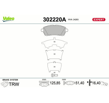 Sada brzdových destiček, kotoučová brzda VALEO 302220A