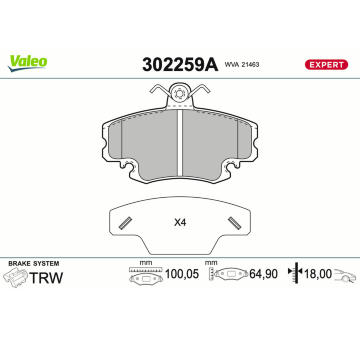 Sada brzdových destiček, kotoučová brzda VALEO 302259A