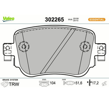 Sada brzdových destiček, kotoučová brzda VALEO 302265