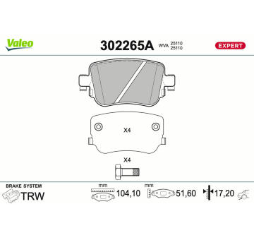 Sada brzdových destiček, kotoučová brzda VALEO 302265A
