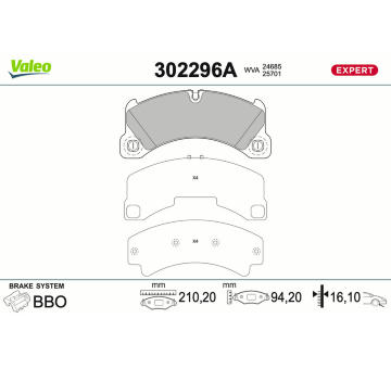 Sada brzdových destiček, kotoučová brzda VALEO 302296A