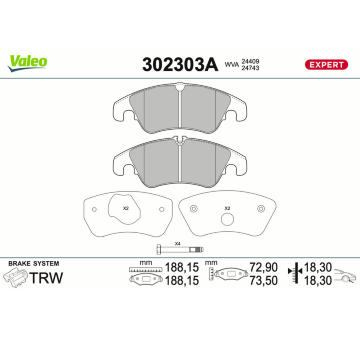 Sada brzdových destiček, kotoučová brzda VALEO 302303A