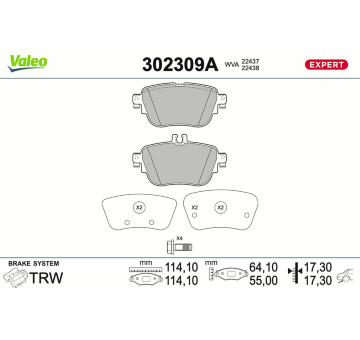 Sada brzdových destiček, kotoučová brzda VALEO 302309A