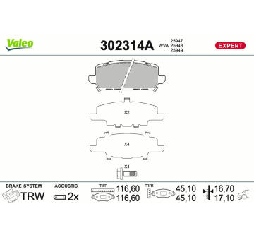 Sada brzdových destiček, kotoučová brzda VALEO 302314A