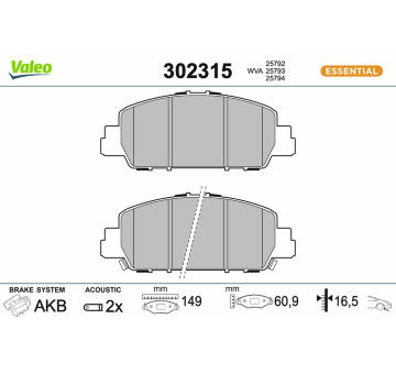 Sada brzdových destiček, kotoučová brzda VALEO 302315
