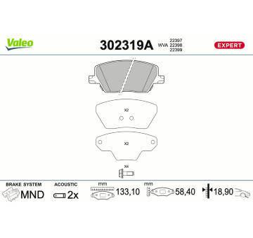Sada brzdových destiček, kotoučová brzda VALEO 302319A