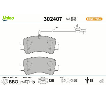 Sada brzdových destiček, kotoučová brzda VALEO 302407