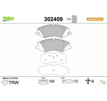 Sada brzdových destiček, kotoučová brzda VALEO 302409