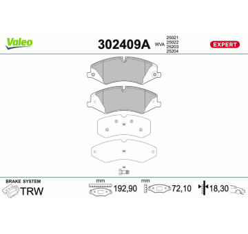Sada brzdových destiček, kotoučová brzda VALEO 302409A