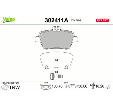 Sada brzdových destiček, kotoučová brzda VALEO 302411A