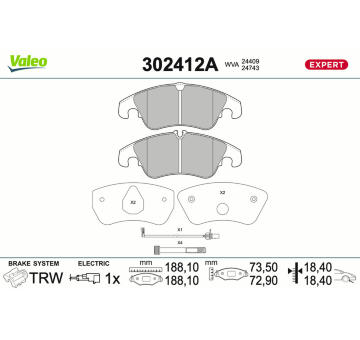 Sada brzdových destiček, kotoučová brzda VALEO 302412A