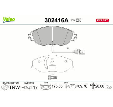 Sada brzdových destiček, kotoučová brzda VALEO 302416A