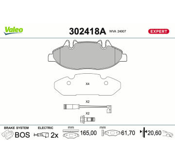 Sada brzdových destiček, kotoučová brzda VALEO 302418A