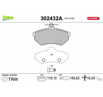 Sada brzdových destiček, kotoučová brzda VALEO 302432A
