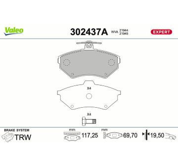 Sada brzdových destiček, kotoučová brzda VALEO 302437A