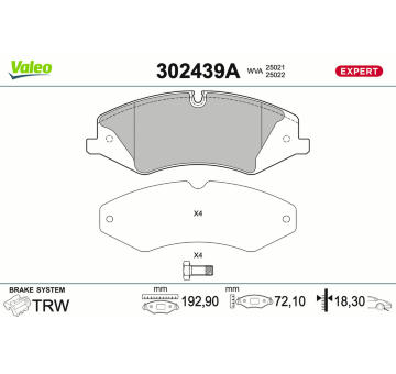 Sada brzdových destiček, kotoučová brzda VALEO 302439A