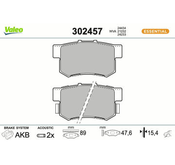Sada brzdových destiček, kotoučová brzda VALEO 302457