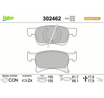 Sada brzdových destiček, kotoučová brzda VALEO 302462