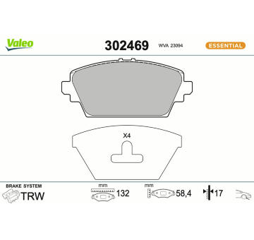 Sada brzdových destiček, kotoučová brzda VALEO 302469