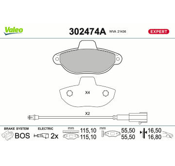 Sada brzdových destiček, kotoučová brzda VALEO 302474A